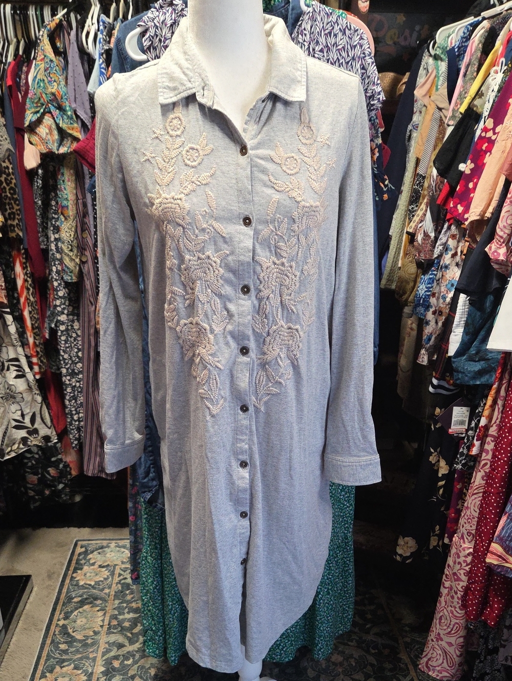 Soft Surroundings Light Gray Button-Front Embroidered Shirt Dress
